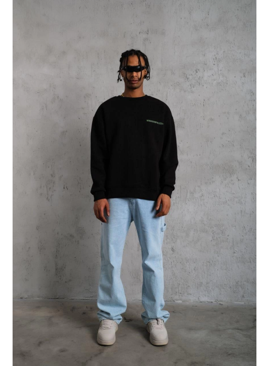 Erkek Oversize Sweatshirt – Siyah Renk  Ön Ve Sırt Baskılı, Üç İplik İçi Pamuklu Kumaş, Rahat Kalıp, Ribanalı Kışlık Sweat  Winagain Polizei Serisi - Siyah