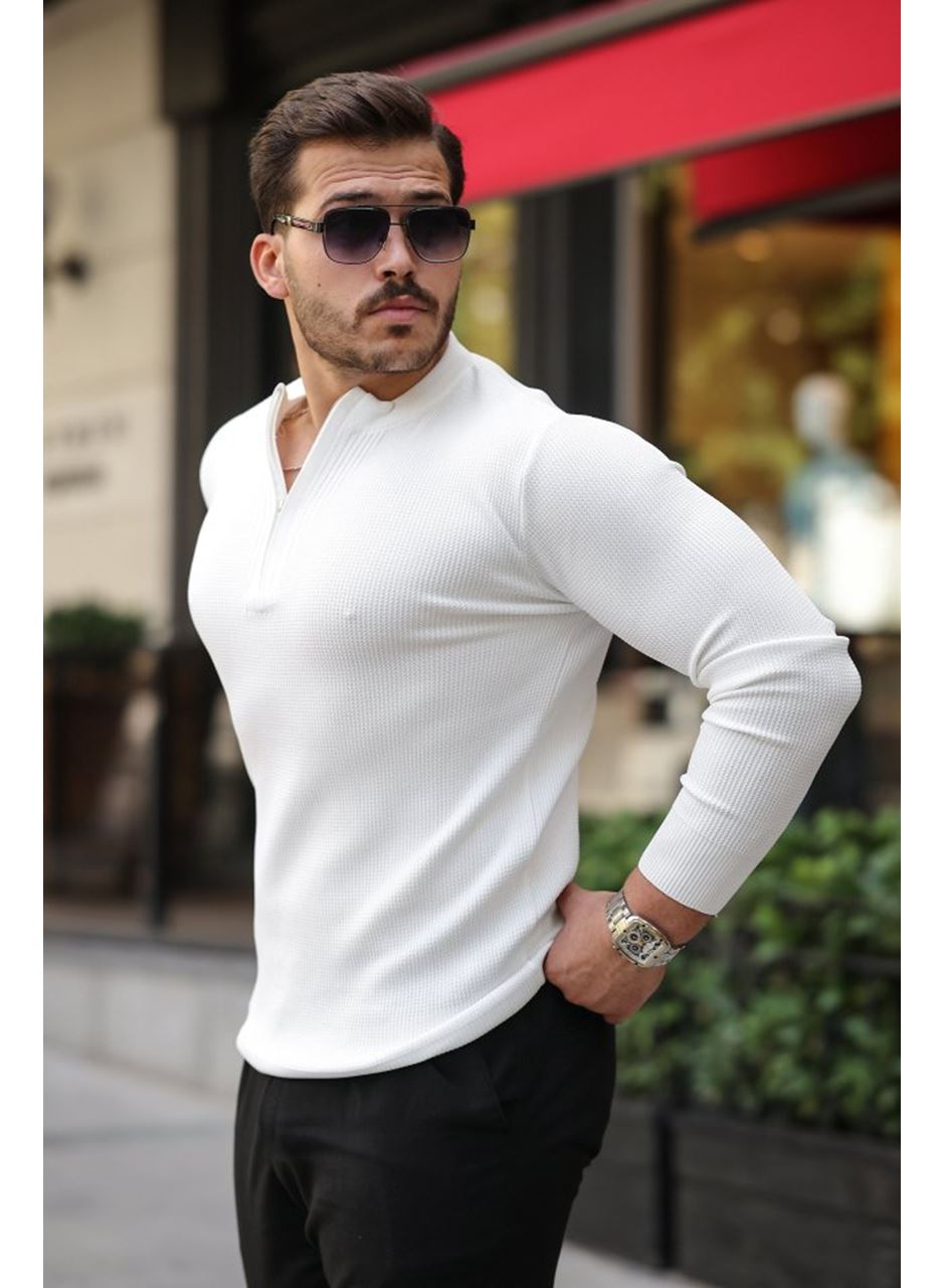 Erkek Fermuarlı Bisiklet Yaka Dokulu Uzun Kollu Triko