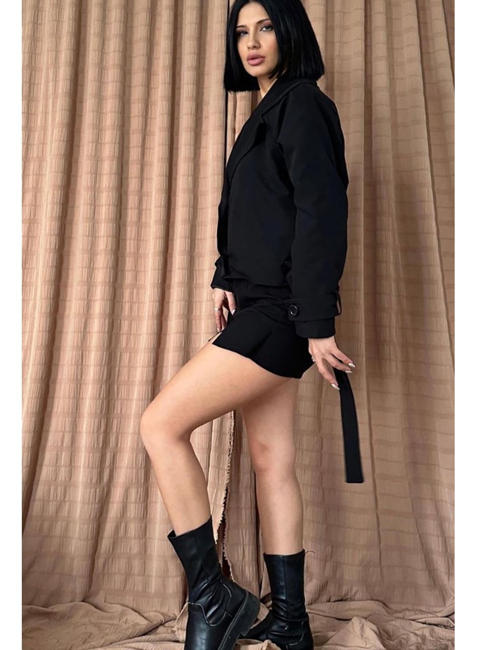 Siyah Kemerli Kısa Trech Ceket