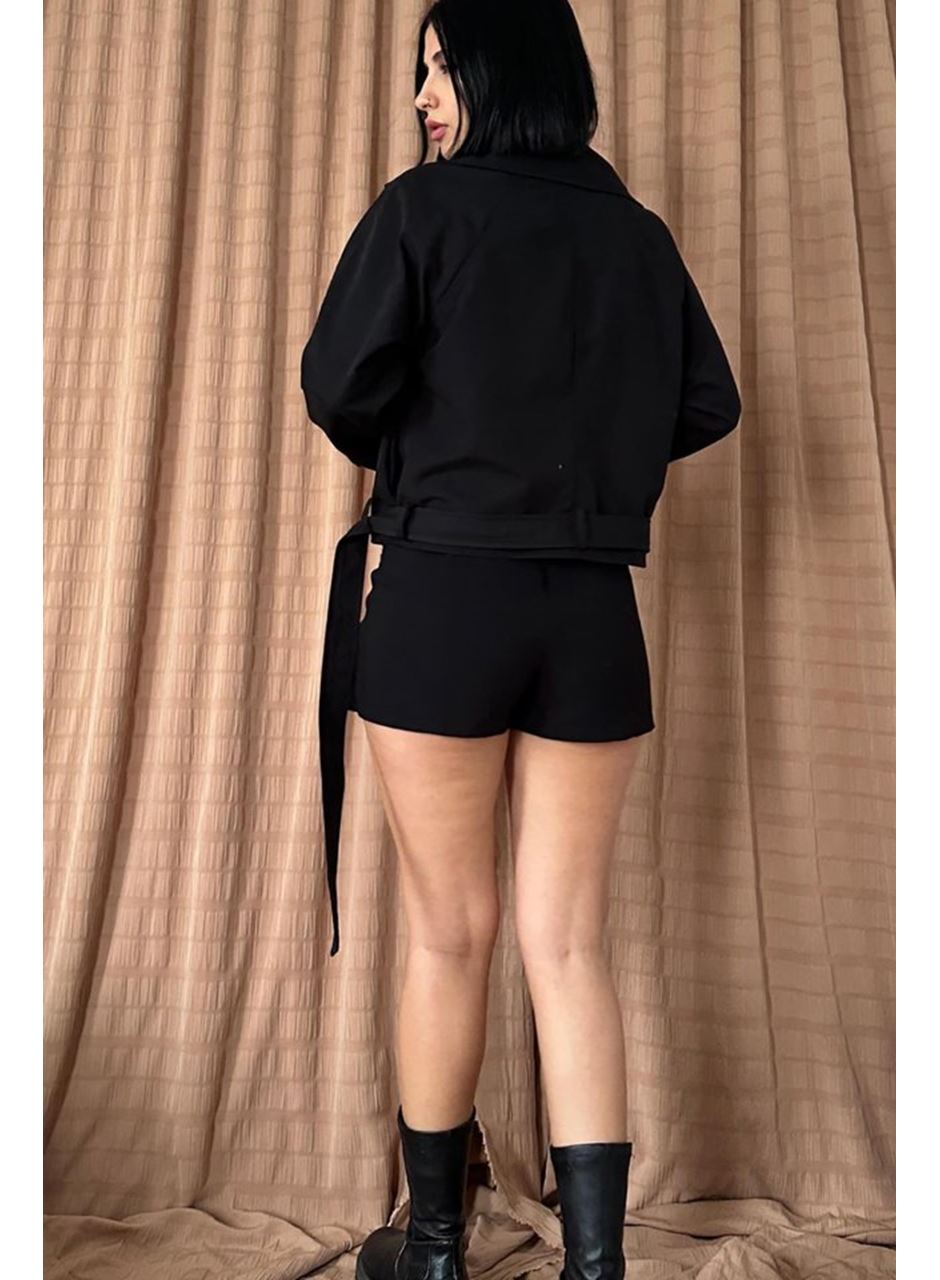 Siyah Kemerli Kısa Trech Ceket