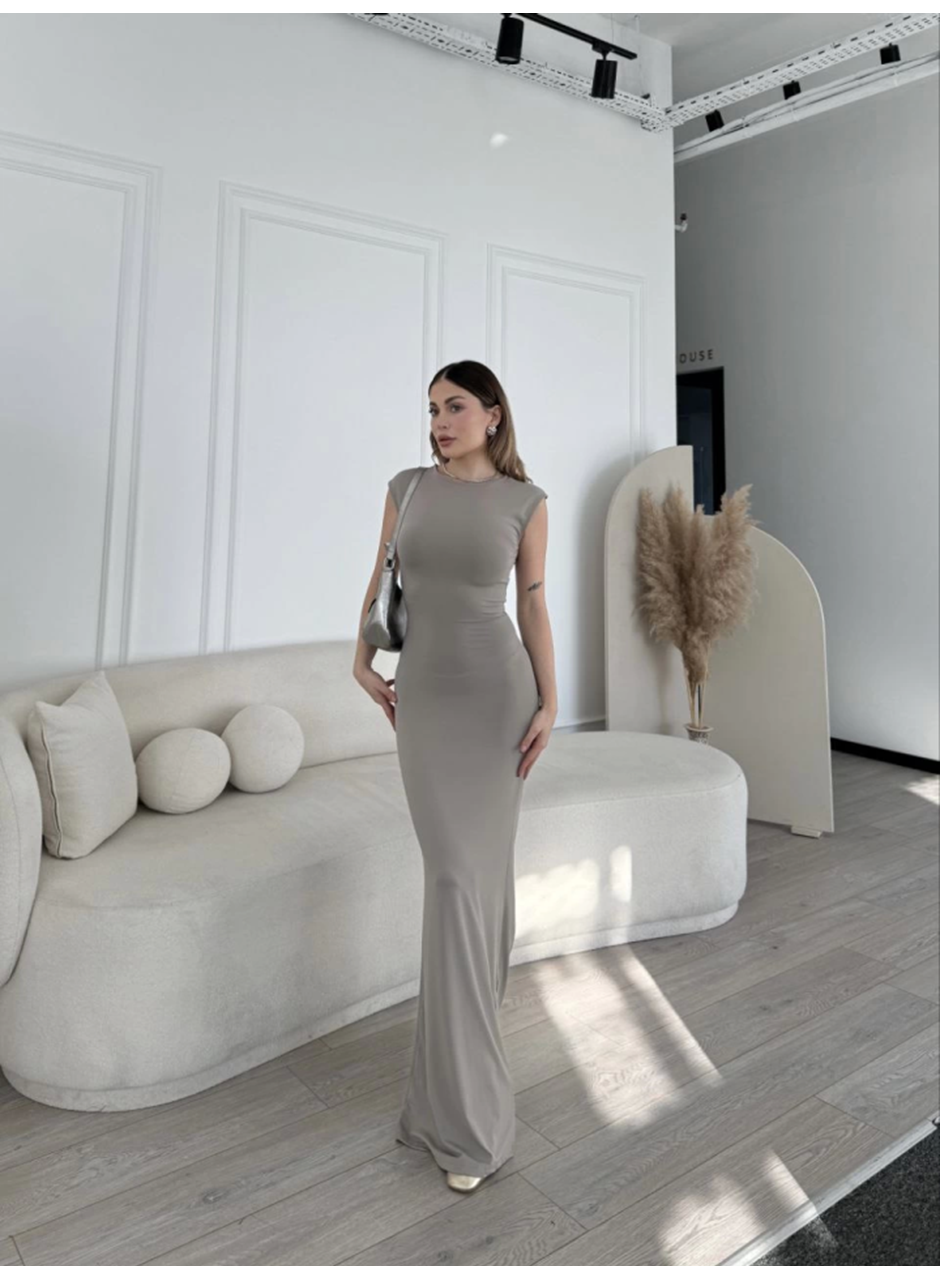 Kolsuz Uzun Likralı Elbise - Gri