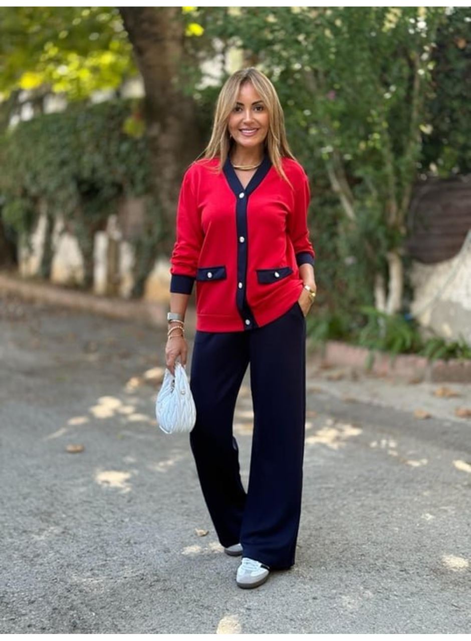 Kadın Uzun Kollu Ribanali Cep Detay Hırka Ve Bol Paça Pantolon Ikili Takım