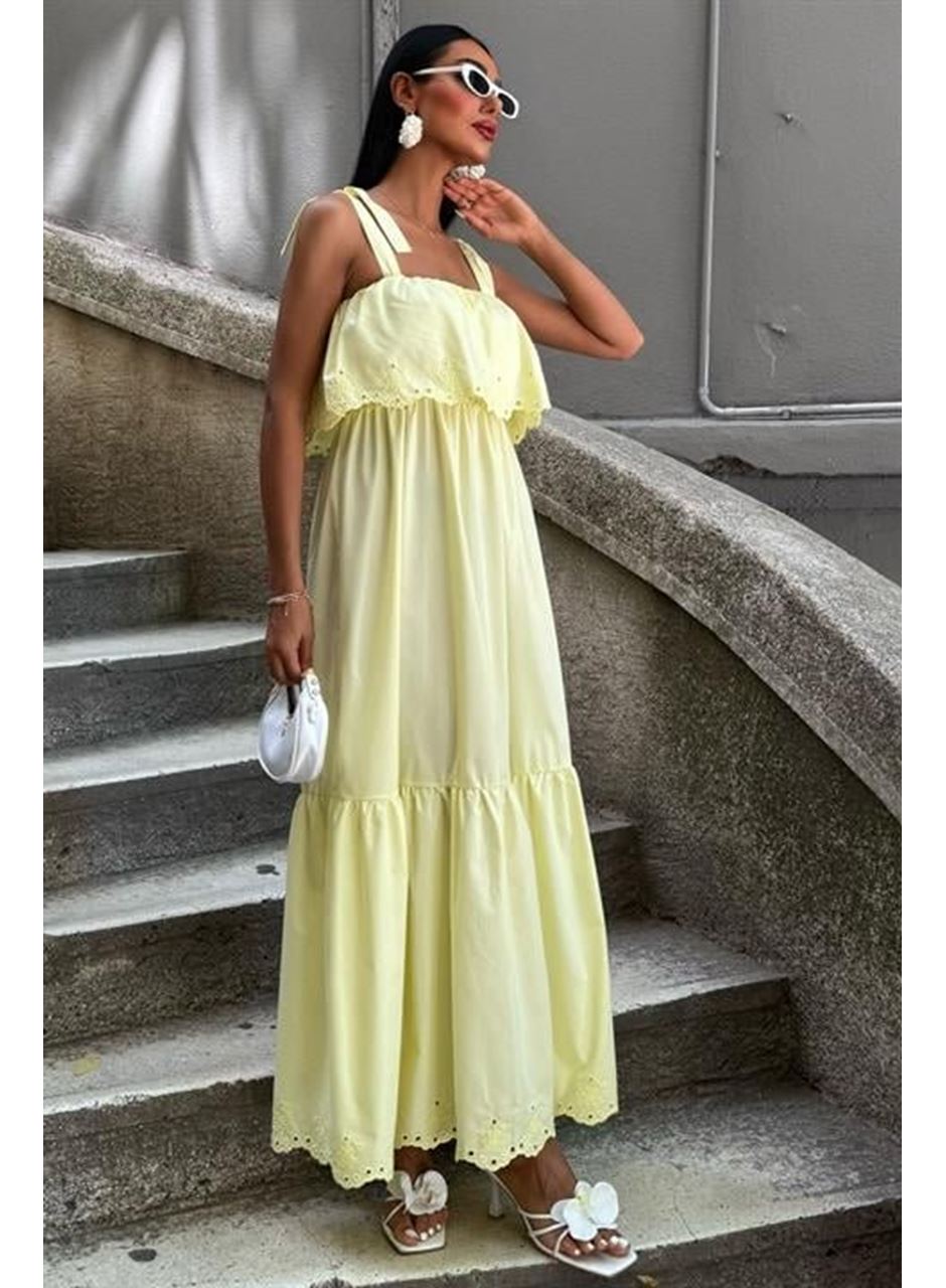 Etek Ucu Brode Nakışlı Boyundan Bağlamalı Elbise 2881