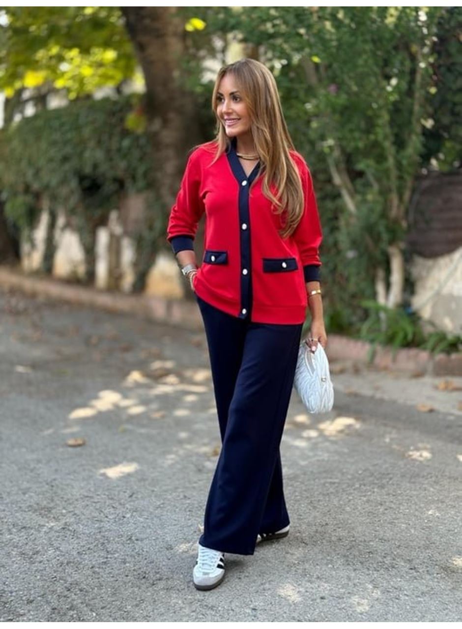 Kadın Uzun Kollu Ribanali Cep Detay Hırka Ve Bol Paça Pantolon Ikili Takım