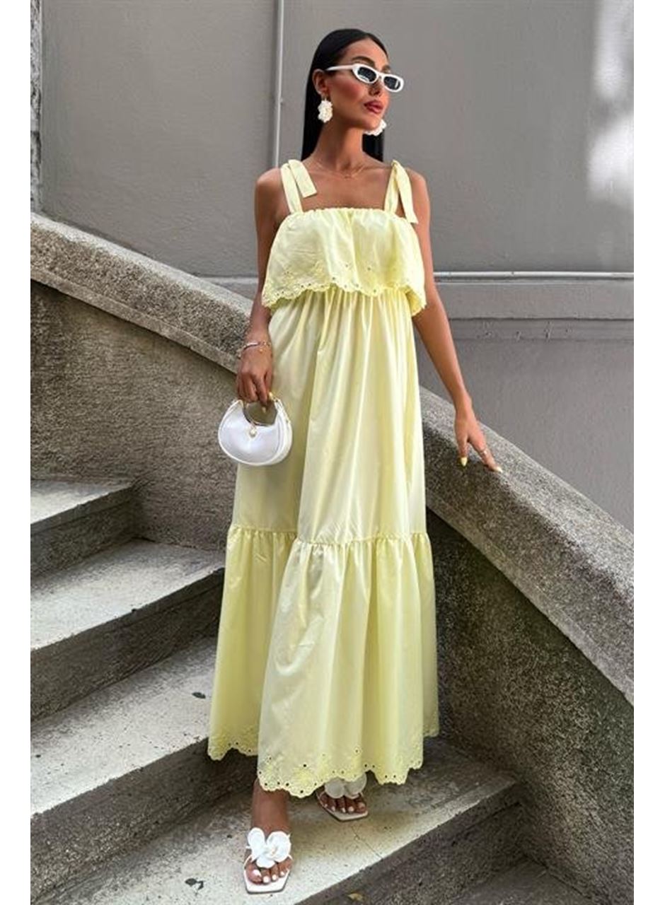 Etek Ucu Brode Nakışlı Boyundan Bağlamalı Elbise 2881