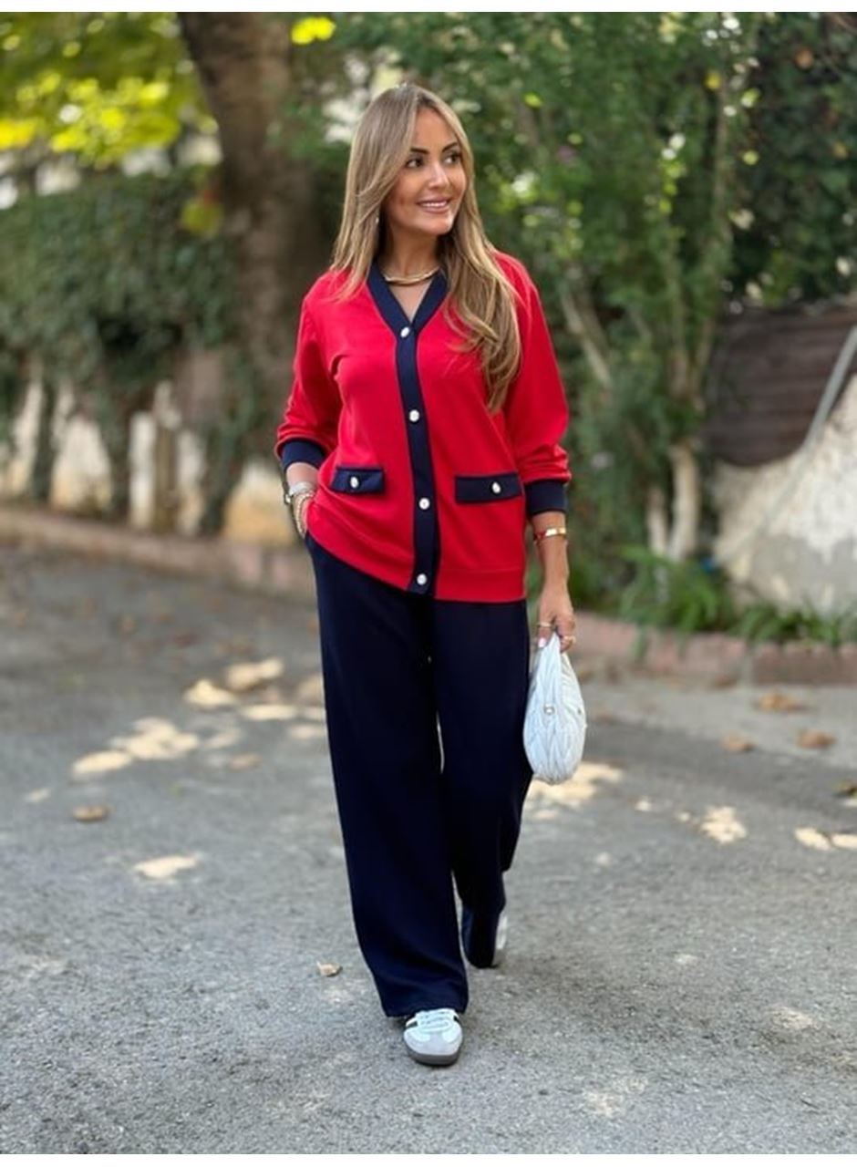 Kadın Uzun Kollu Ribanali Cep Detay Hırka Ve Bol Paça Pantolon Ikili Takım