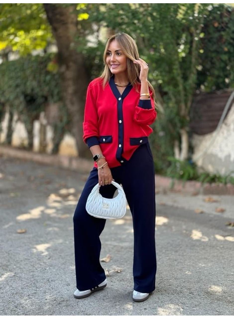 Kadın Uzun Kollu Ribanali Cep Detay Hırka Ve Bol Paça Pantolon Ikili Takım