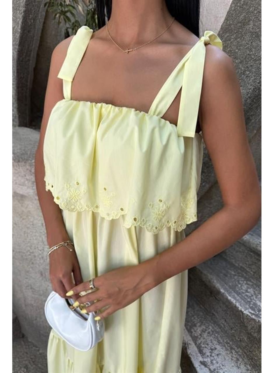 Etek Ucu Brode Nakışlı Boyundan Bağlamalı Elbise 2881