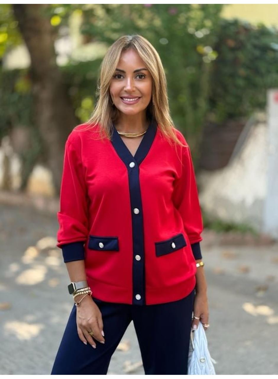 Kadın Uzun Kollu Ribanali Cep Detay Hırka Ve Bol Paça Pantolon Ikili Takım