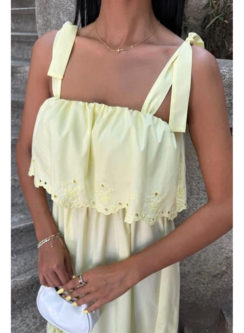 Etek Ucu Brode Nakışlı Boyundan Bağlamalı Elbise 2881