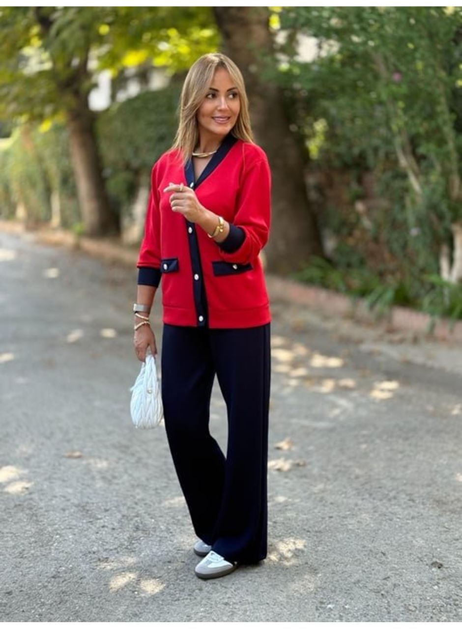 Kadın Uzun Kollu Ribanali Cep Detay Hırka Ve Bol Paça Pantolon Ikili Takım