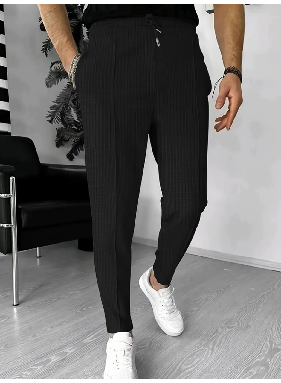 Erkek Yüksek Bel önden Bağcıklı Cepli Waffle Pantolon