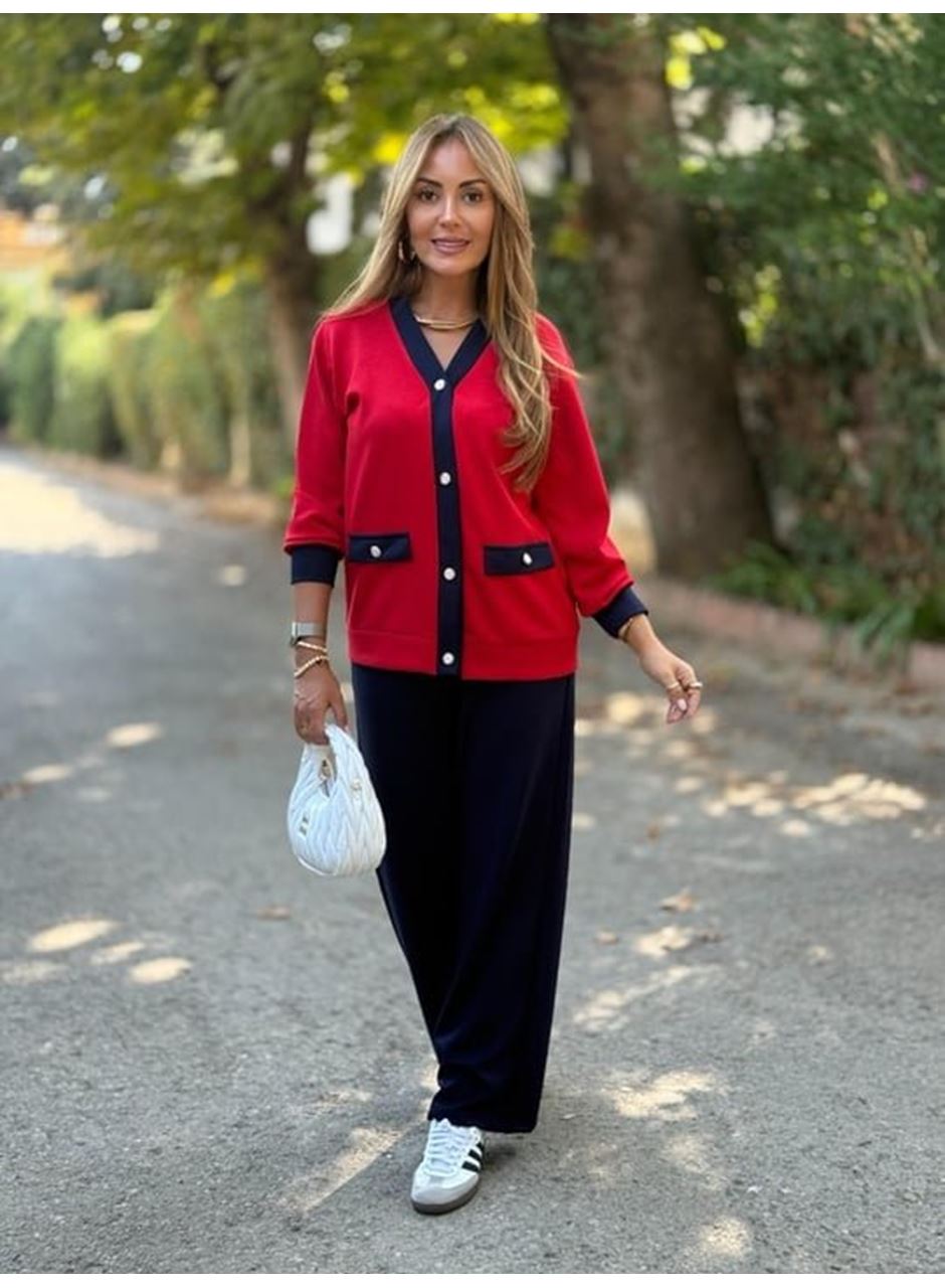 Kadın Uzun Kollu Ribanali Cep Detay Hırka Ve Bol Paça Pantolon Ikili Takım