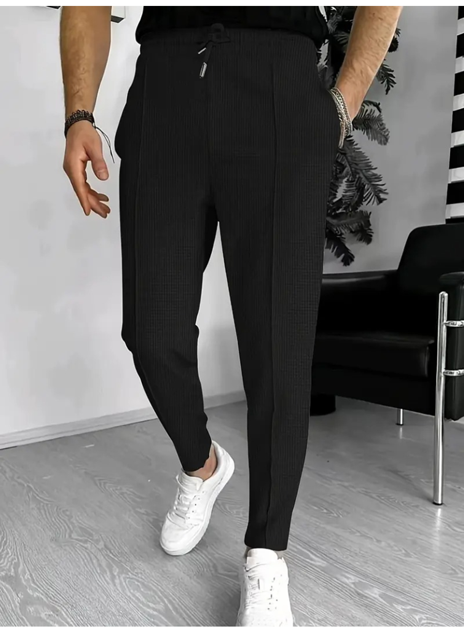 Erkek Yüksek Bel önden Bağcıklı Cepli Waffle Pantolon