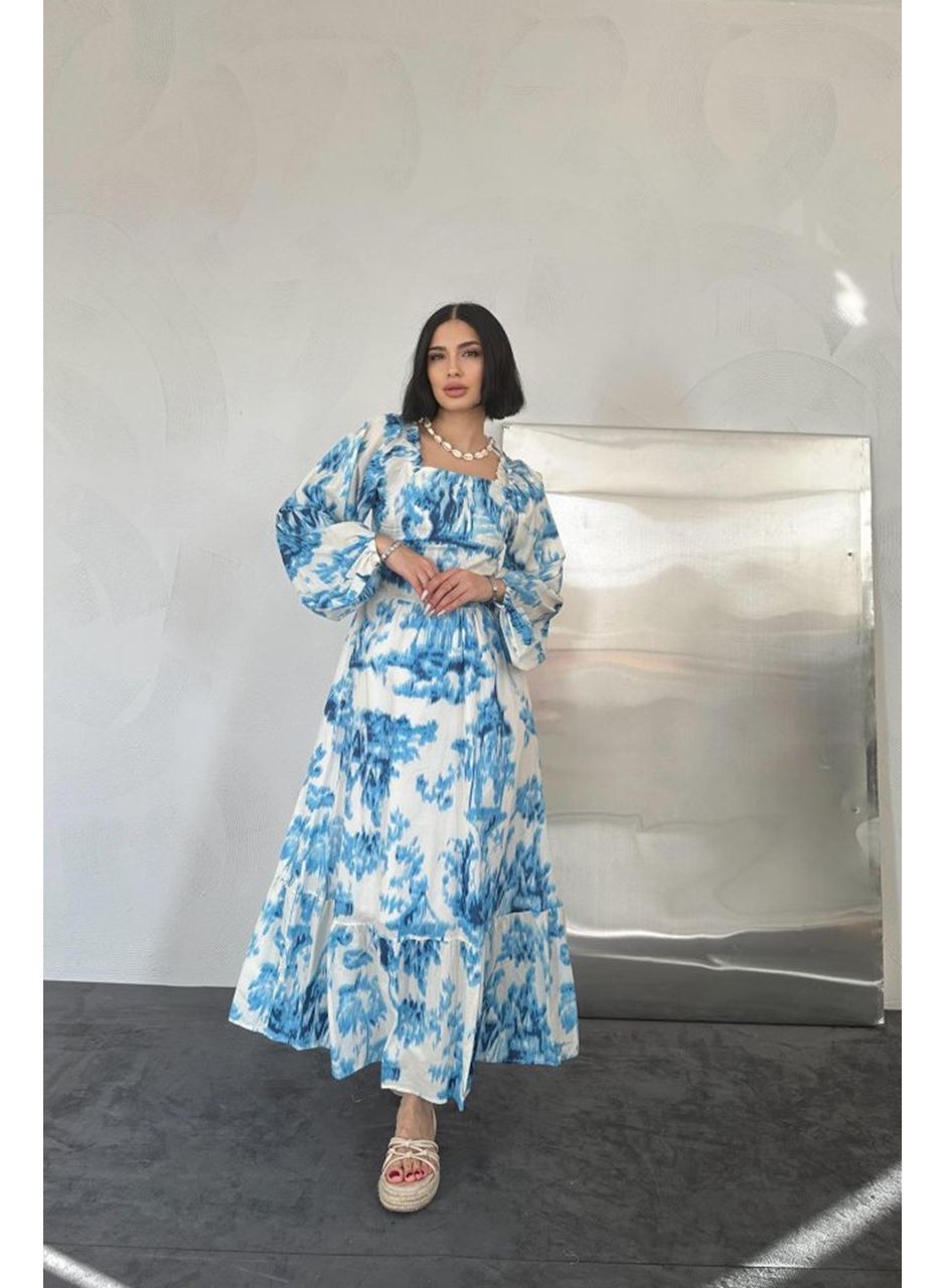 Mavi Arkası Gipeli Uzun Elbise