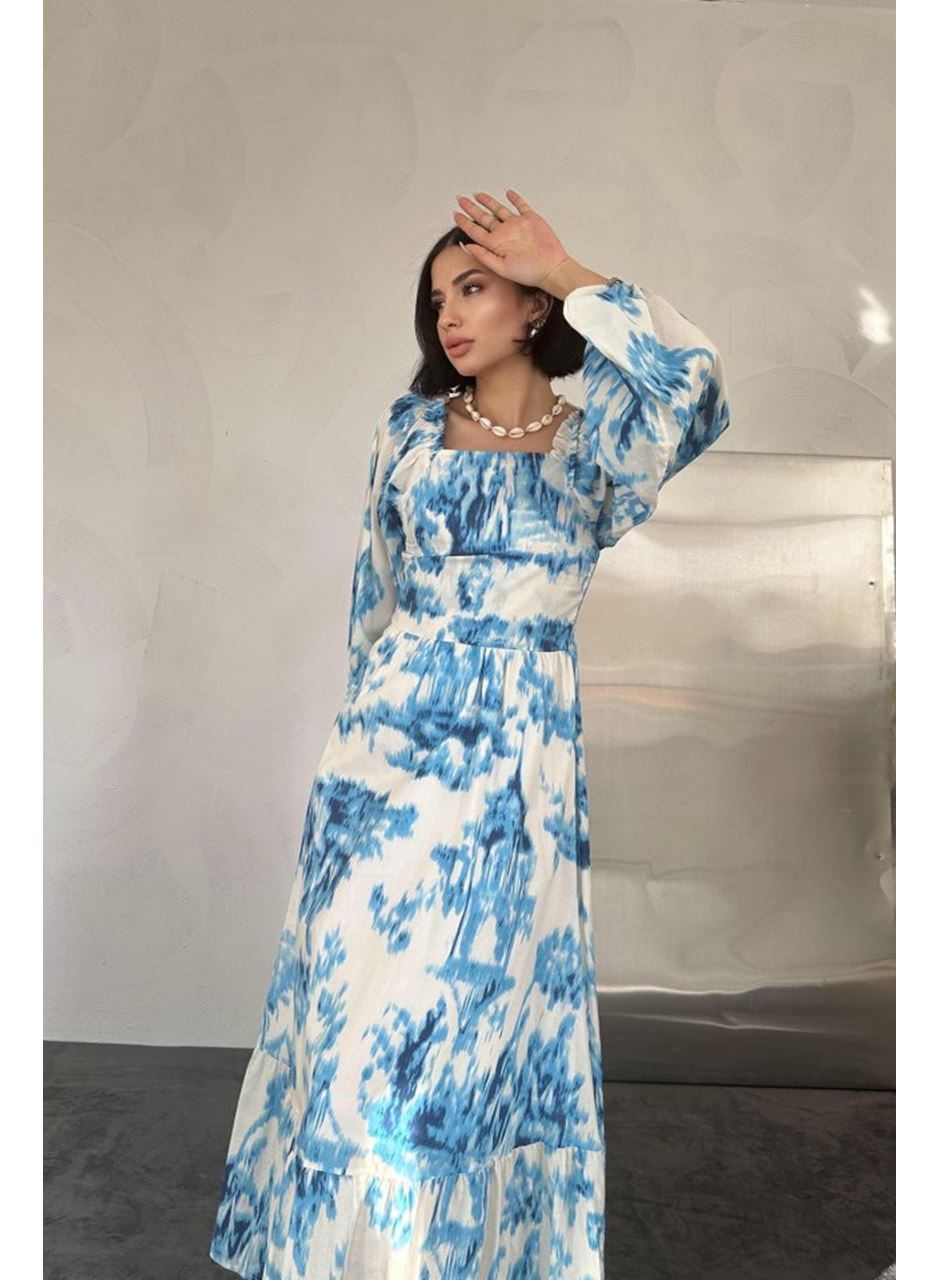 Mavi Arkası Gipeli Uzun Elbise