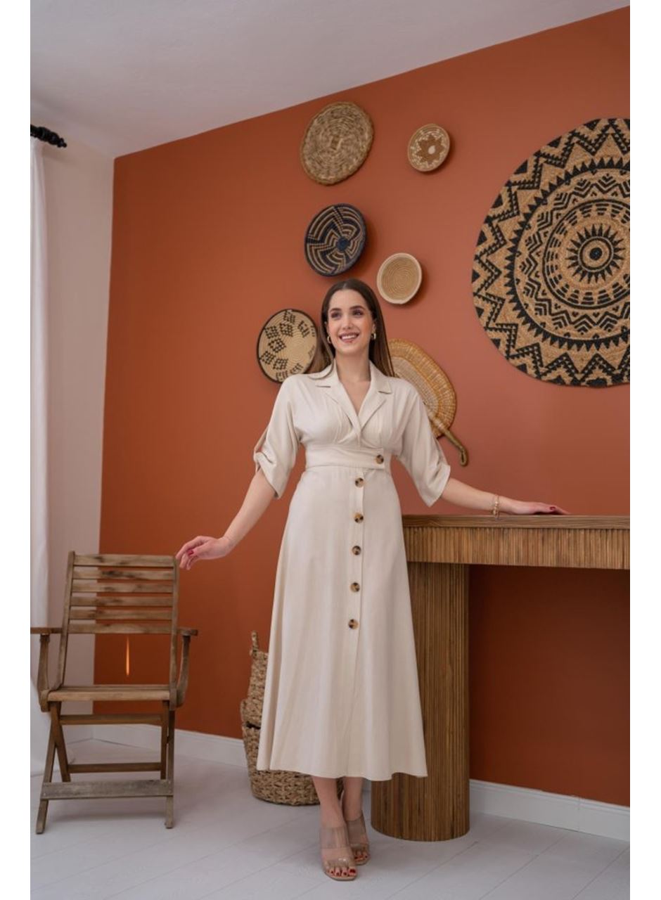 Bej Düğmeli Keten Elbise