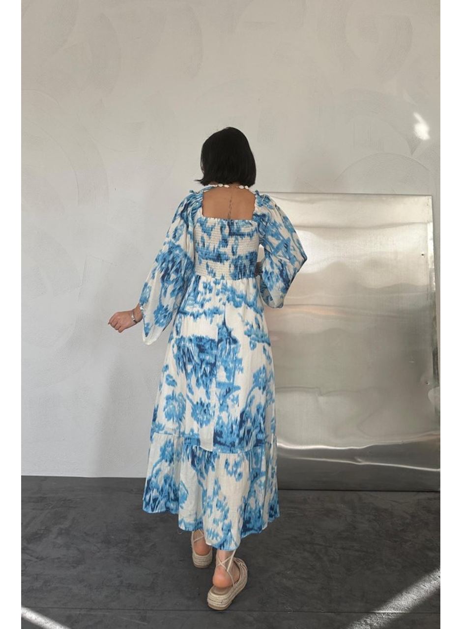 Mavi Arkası Gipeli Uzun Elbise