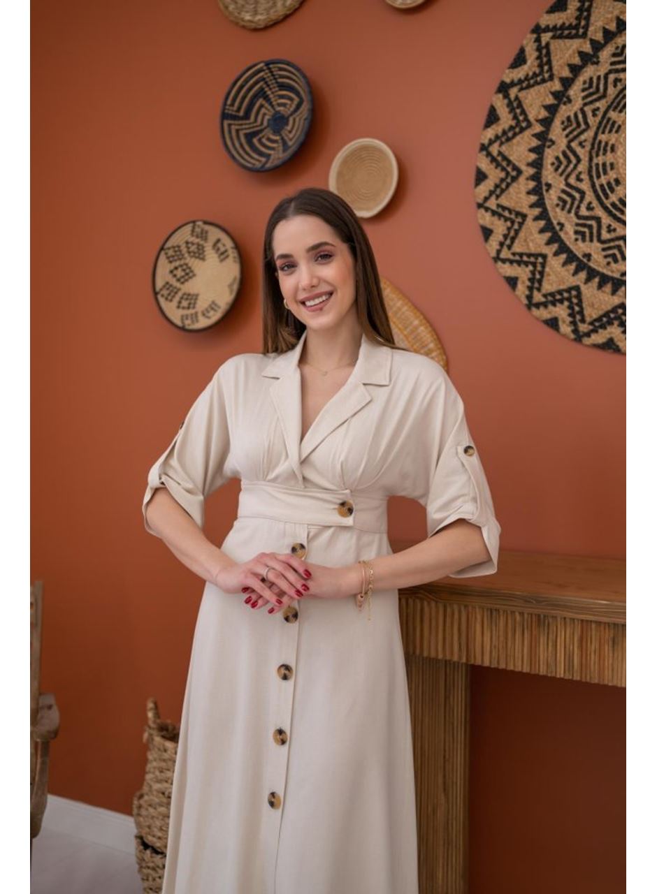 Bej Düğmeli Keten Elbise