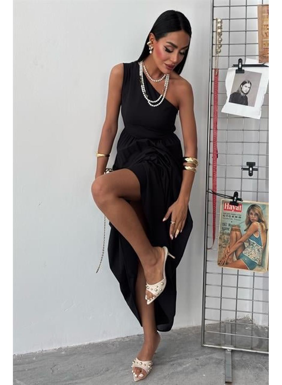 Tek Omuzlu Pile Detay Maxi Elbise 2895