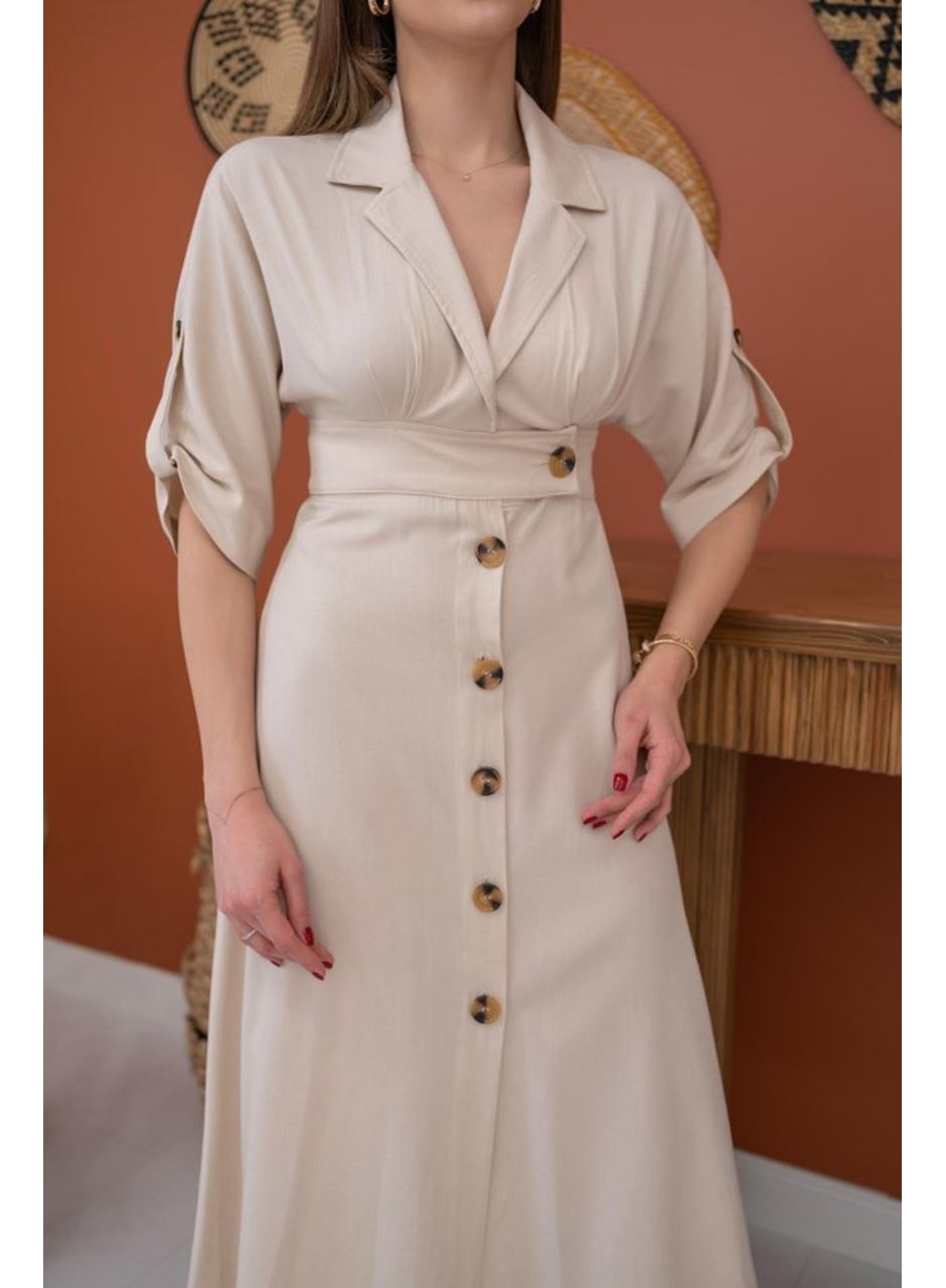 Bej Düğmeli Keten Elbise