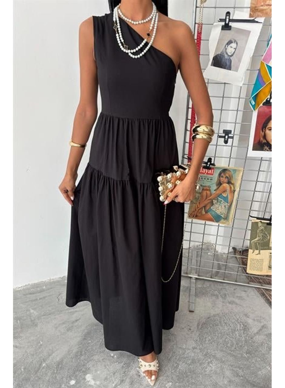 Tek Omuzlu Pile Detay Maxi Elbise 2895