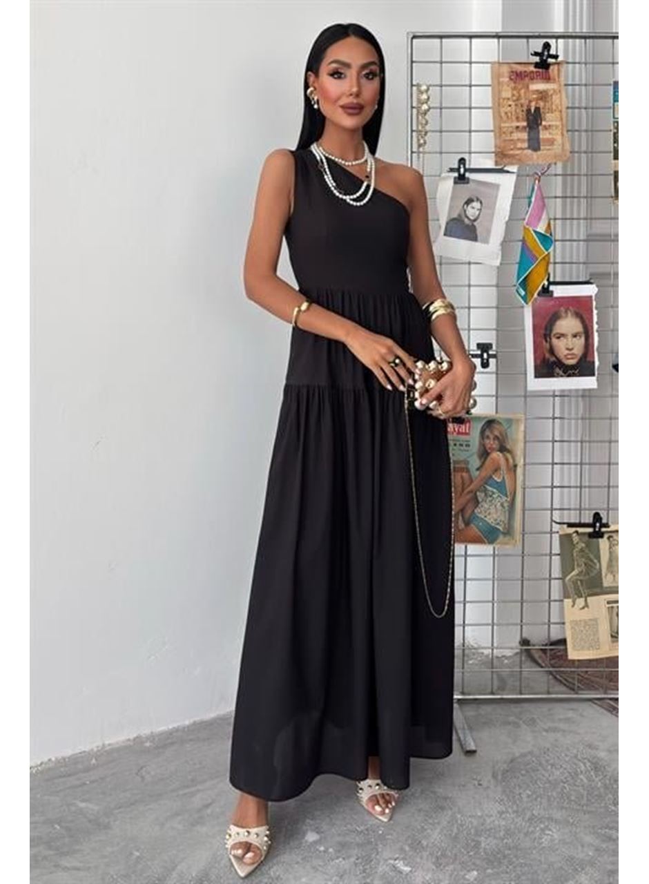 Tek Omuzlu Pile Detay Maxi Elbise 2895