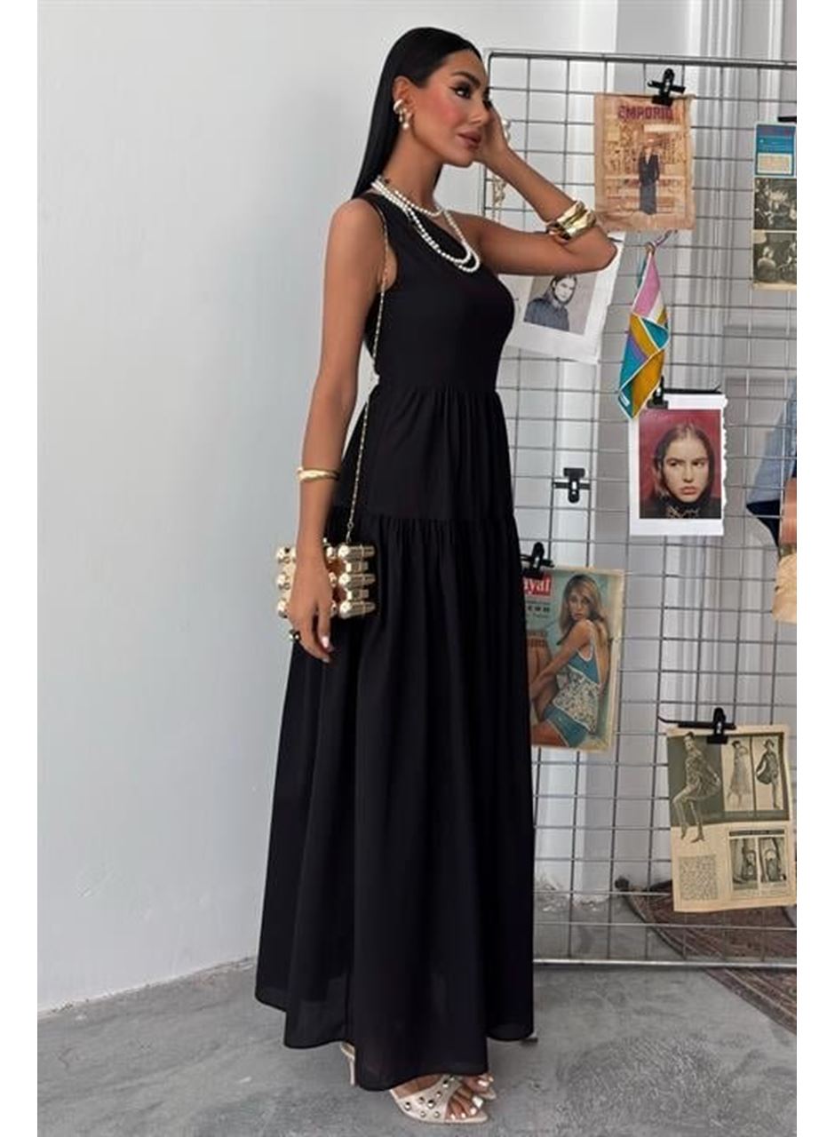 Tek Omuzlu Pile Detay Maxi Elbise 2895