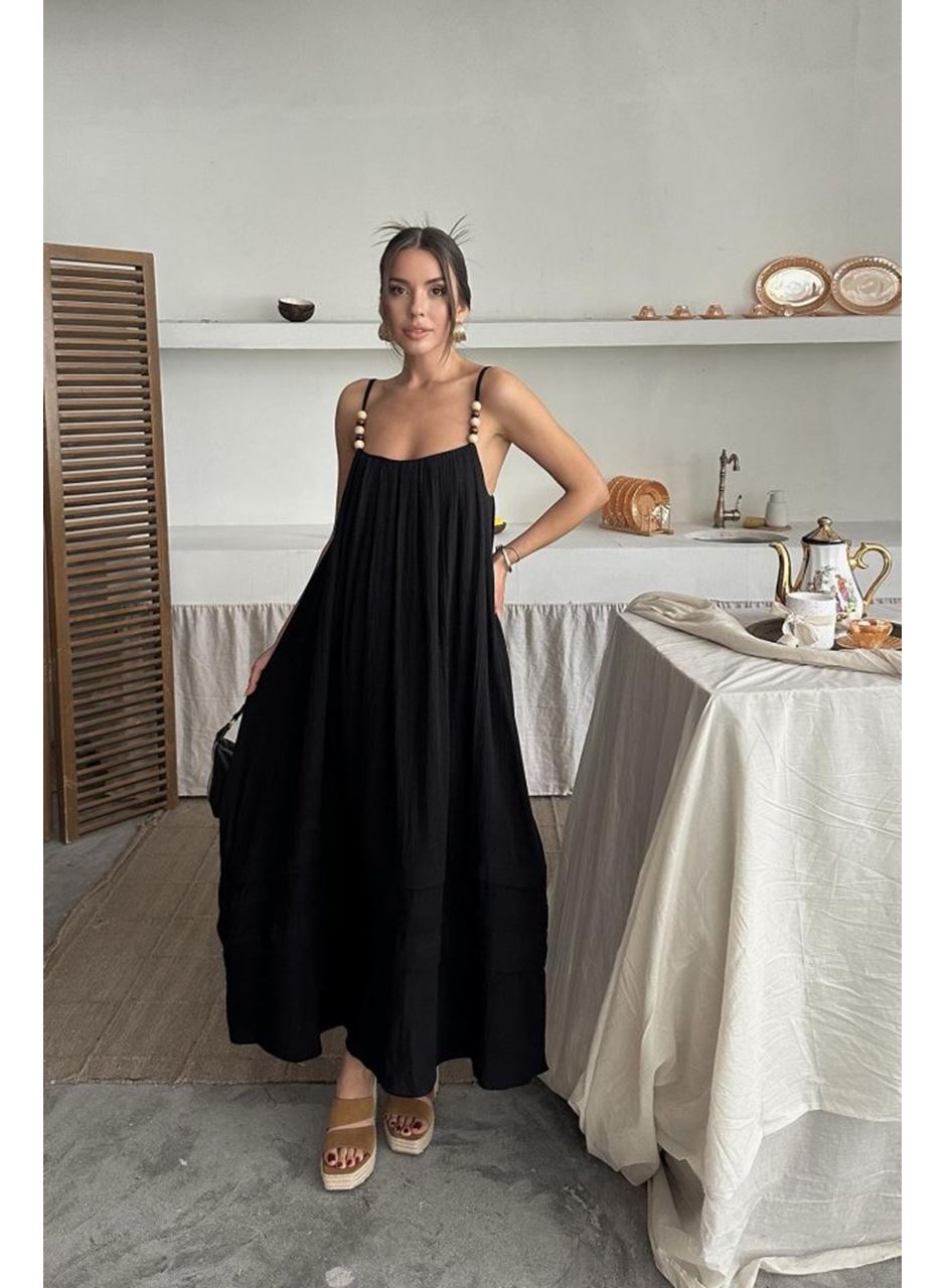 Siyah Askılı Müslin Elbise