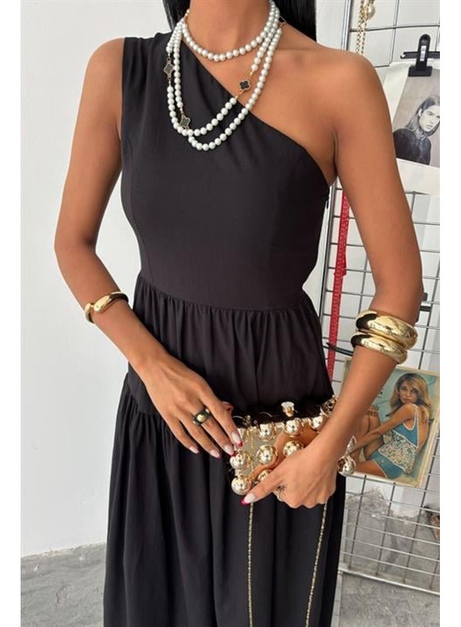 Tek Omuzlu Pile Detay Maxi Elbise 2895