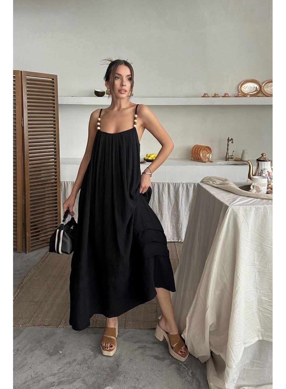 Siyah Askılı Müslin Elbise