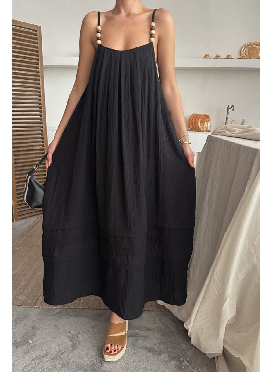 Siyah Askılı Müslin Elbise