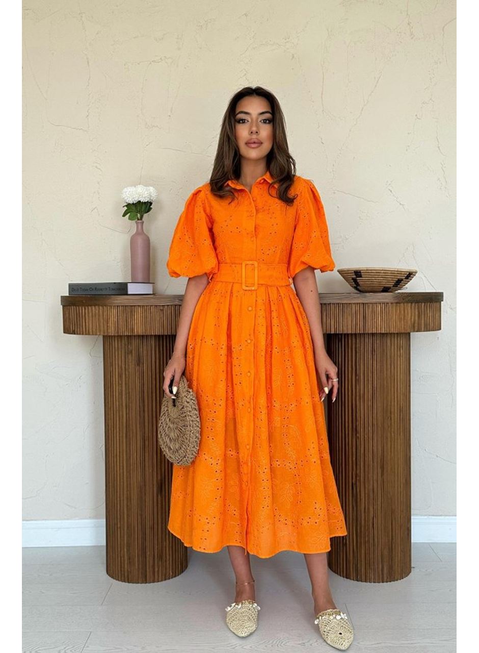 Oranj Pileli Balkon Elbise
