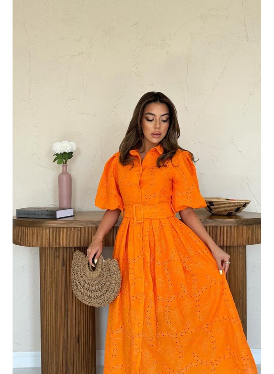 Oranj Pileli Balkon Elbise