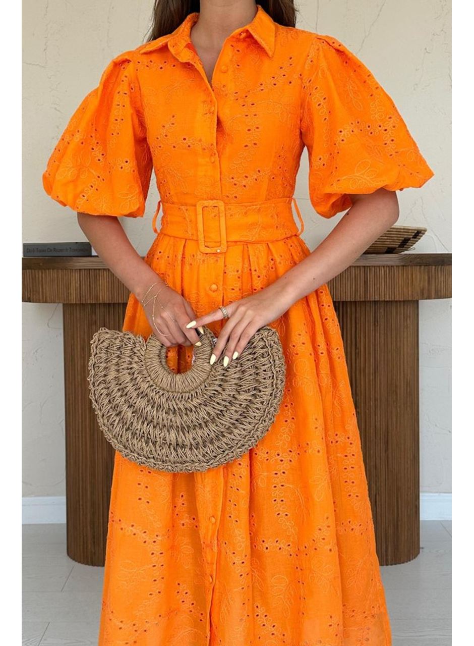 Oranj Pileli Balkon Elbise