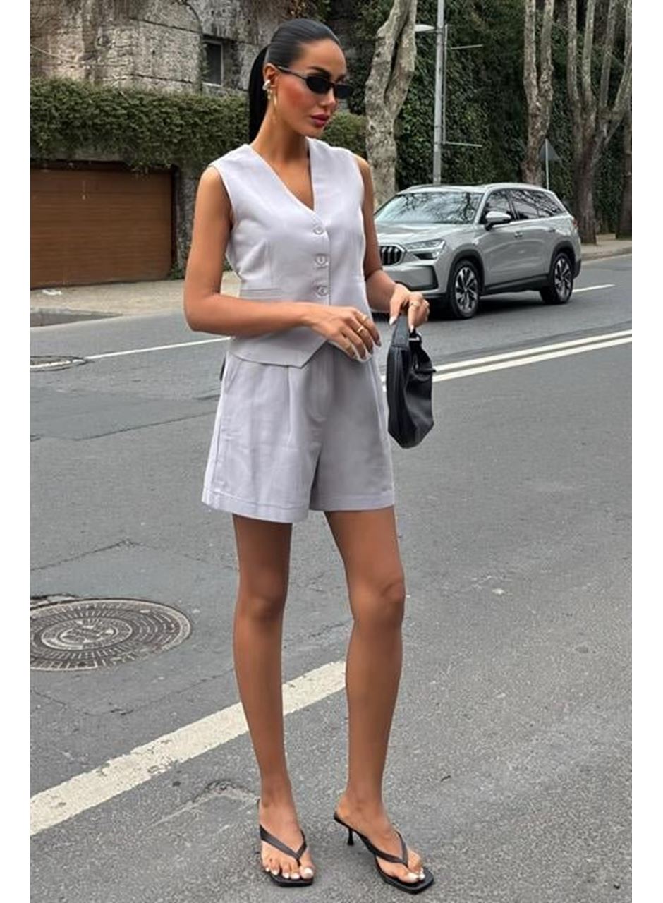 Yelek Şort Flamlı Keten Takım 10133-17