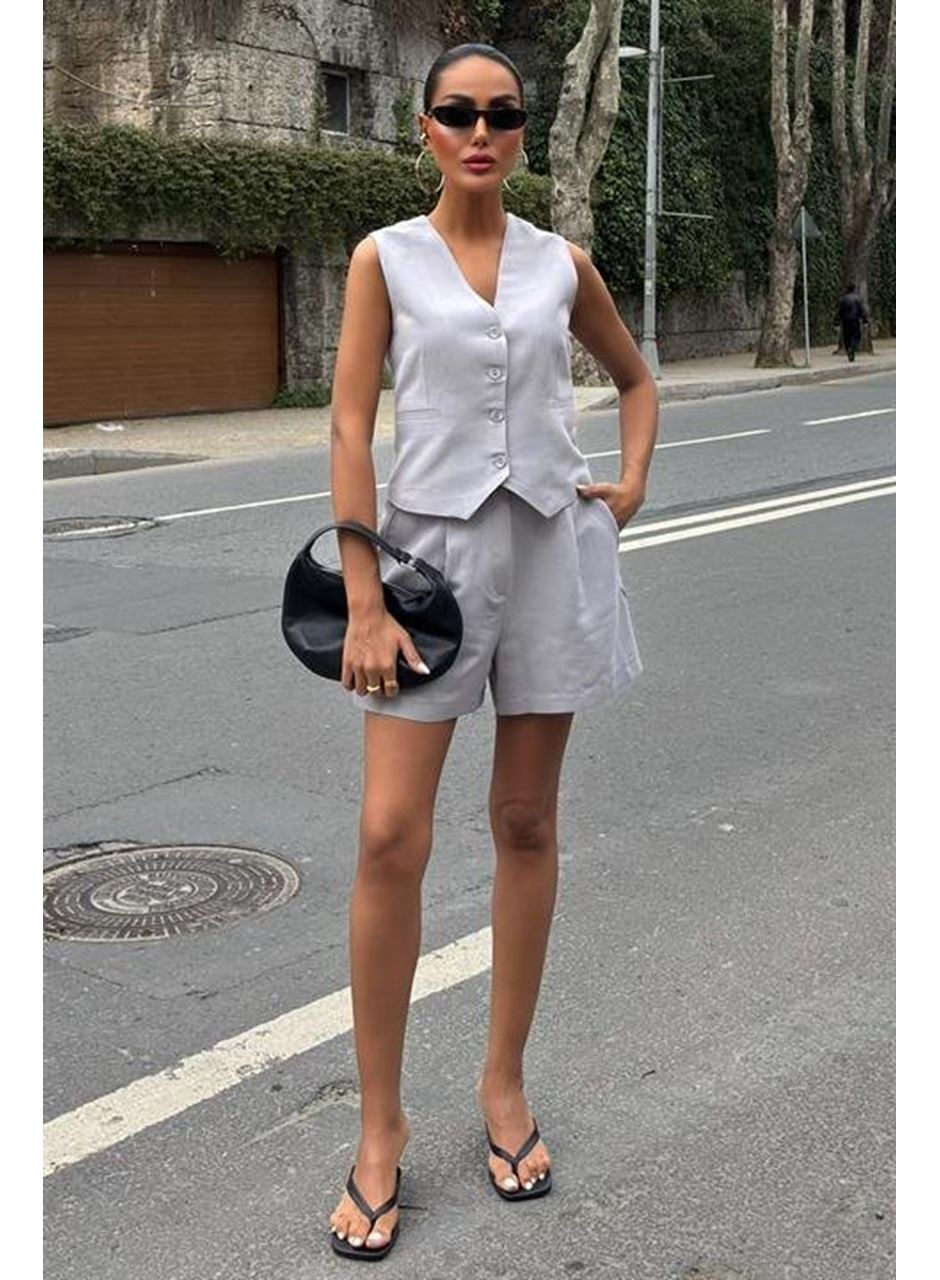 Yelek Şort Flamlı Keten Takım 10133-17