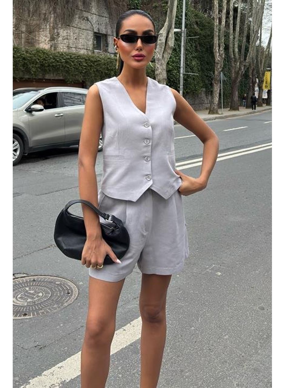 Yelek Şort Flamlı Keten Takım 10133-17