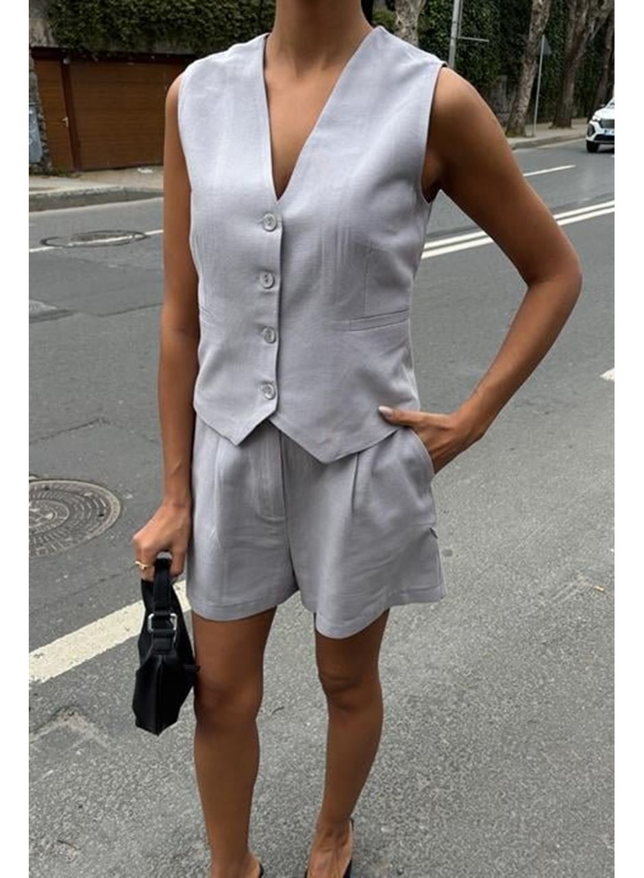 Yelek Şort Flamlı Keten Takım 10133-17