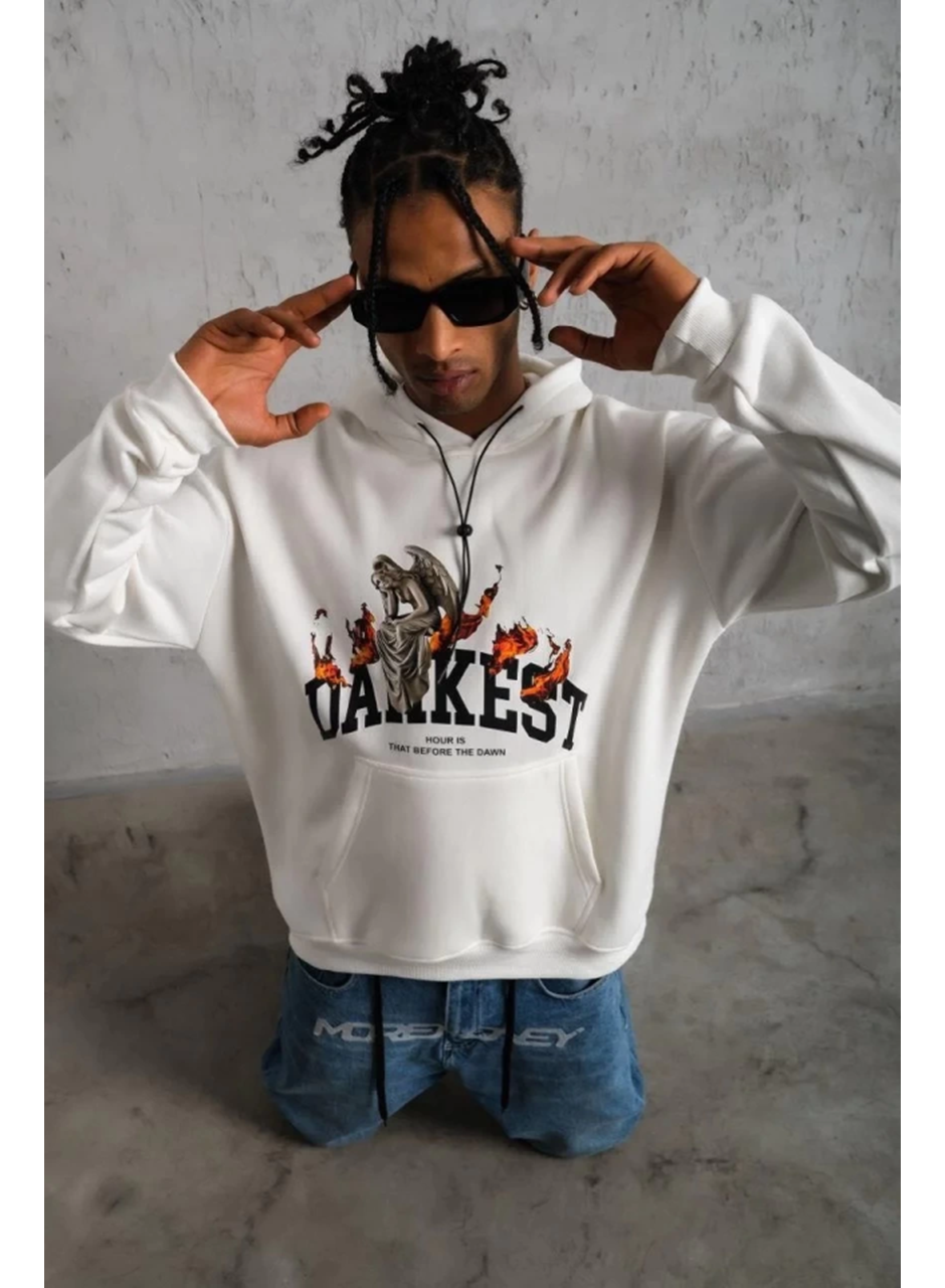 Erkek Oversize Kapüşonlu Sweatshirt – Beyaz Renk Üç İplik İçi Pamuklu Kanguru Cepli Baskılı Hoodie Rahat Kalıp Kışlık Günlük Kombinlere Uygun - Beyaz