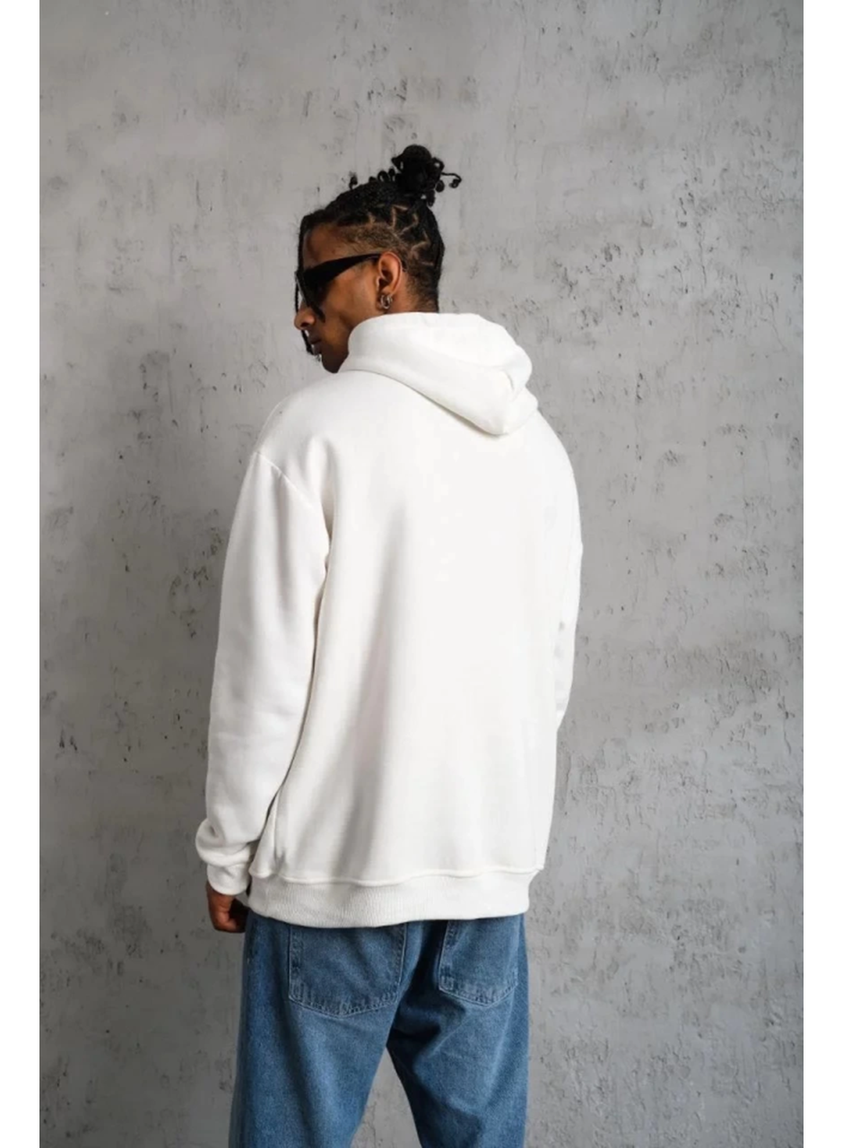 Erkek Oversize Kapüşonlu Sweatshirt – Beyaz Renk Üç İplik İçi Pamuklu Kanguru Cepli Baskılı Hoodie Rahat Kalıp Kışlık Günlük Kombinlere Uygun - Beyaz