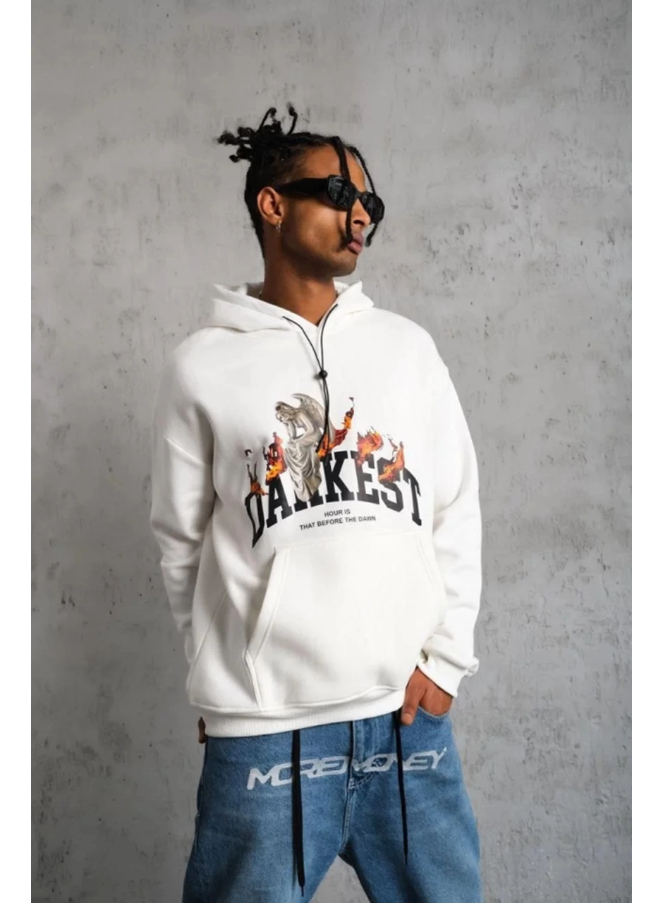 Erkek Oversize Kapüşonlu Sweatshirt – Beyaz Renk Üç İplik İçi Pamuklu Kanguru Cepli Baskılı Hoodie Rahat Kalıp Kışlık Günlük Kombinlere Uygun - Beyaz