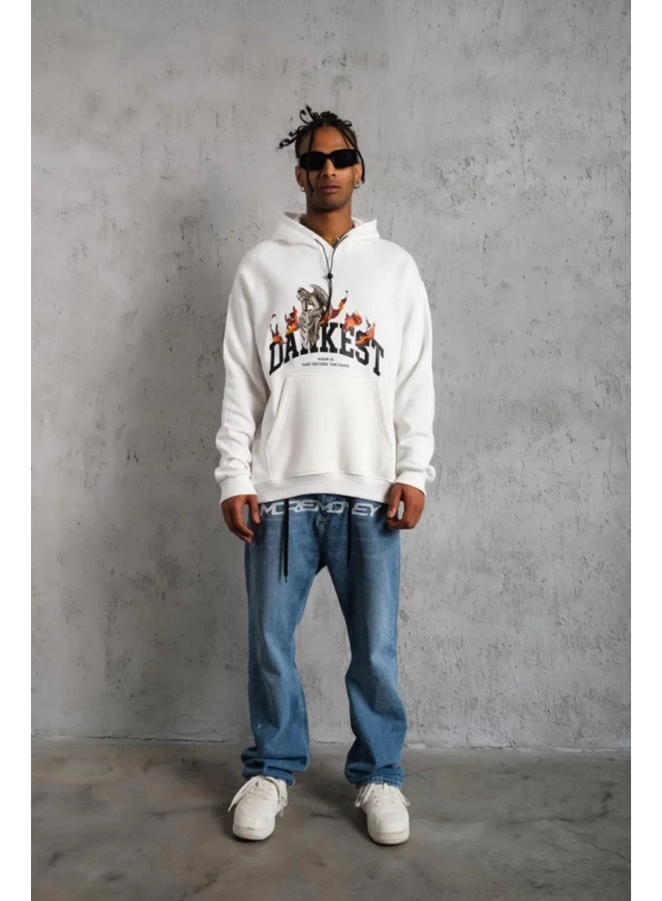Erkek Oversize Kapüşonlu Sweatshirt – Beyaz Renk Üç İplik İçi Pamuklu Kanguru Cepli Baskılı Hoodie Rahat Kalıp Kışlık Günlük Kombinlere Uygun - Beyaz