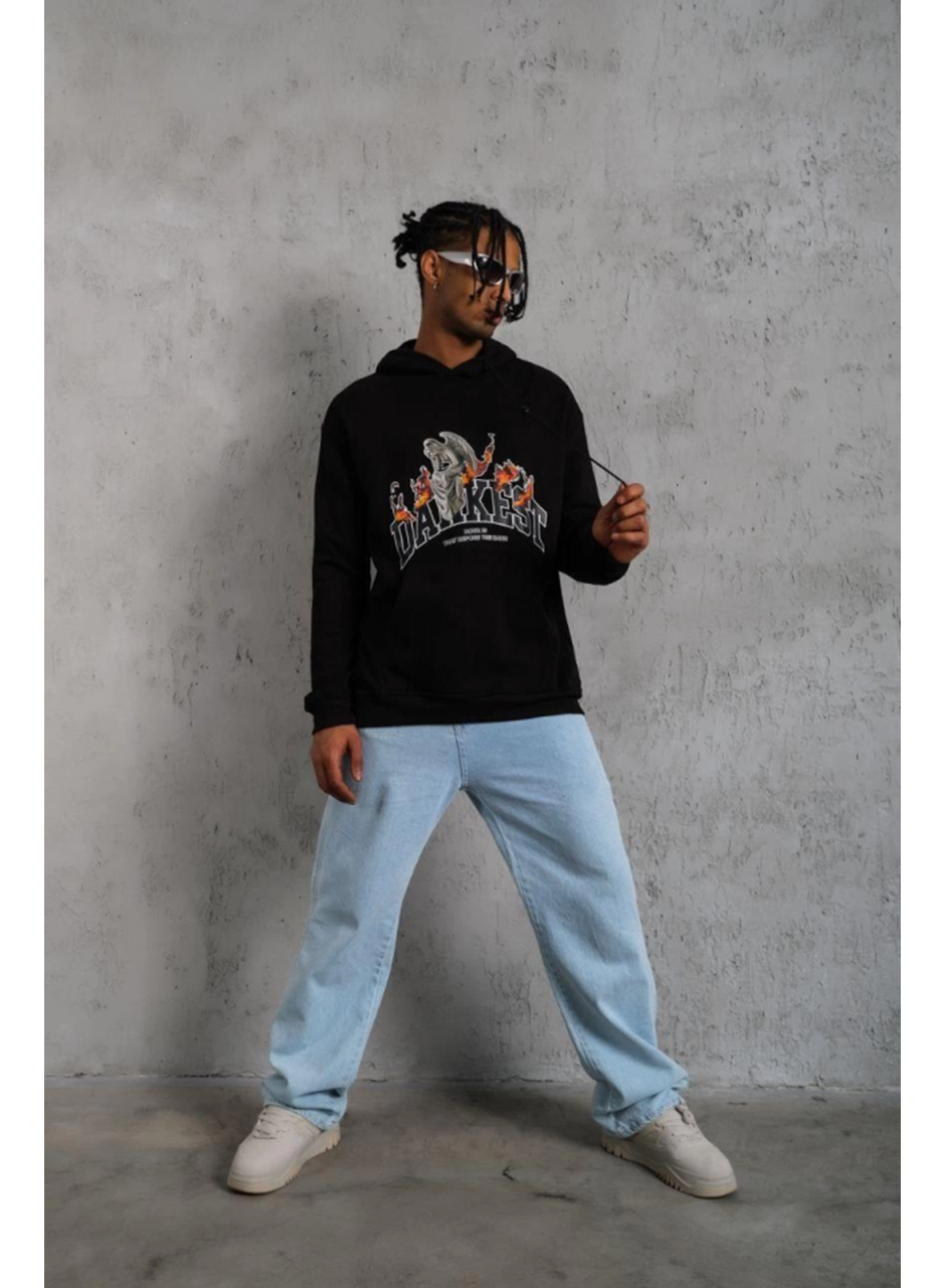Erkek Oversize Kapüşonlu Sweatshirt – Siyah Renk Üç İplik İçi Pamuklu Kanguru Cepli Baskılı Hoodie Rahat Kalıp Kışlık Günlük Kombinlere Uygun - Siyah