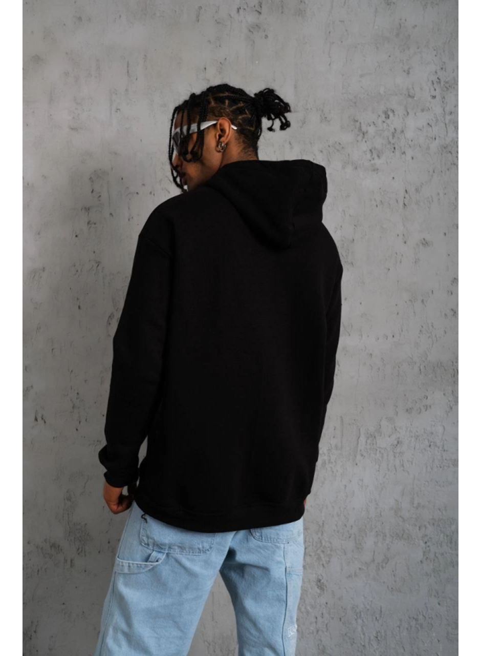 Erkek Oversize Kapüşonlu Sweatshirt – Siyah Renk Üç İplik İçi Pamuklu Kanguru Cepli Baskılı Hoodie Rahat Kalıp Kışlık Günlük Kombinlere Uygun - Siyah