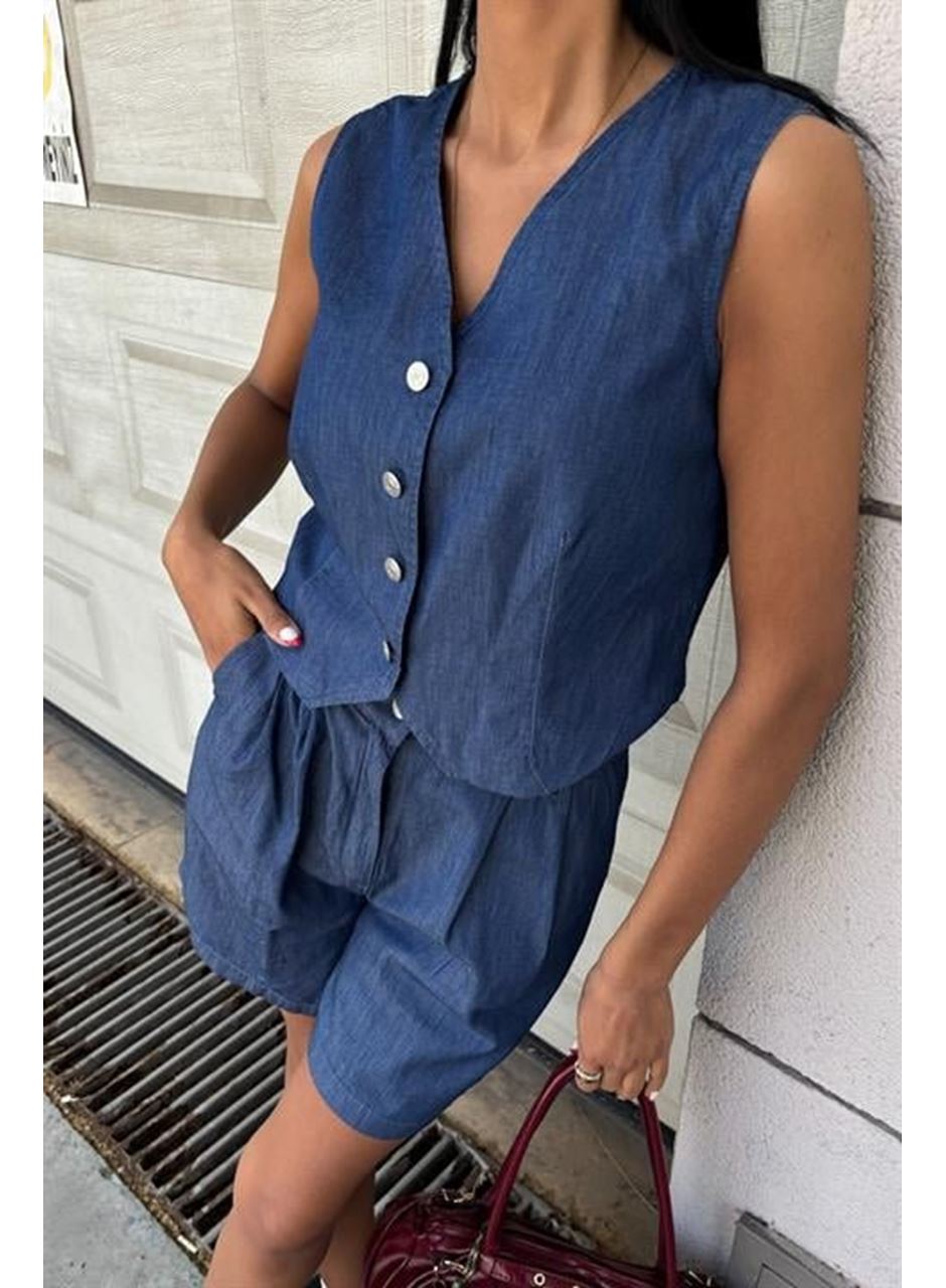 Gümüş Düğmeli Yelek Ve Şort Tensel Takım 10174