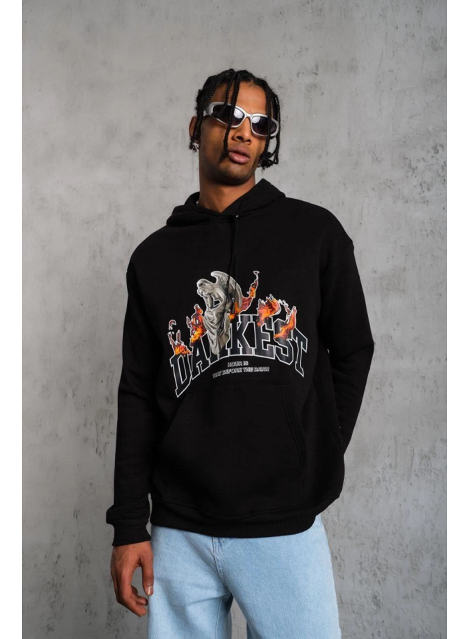 Erkek Oversize Kapüşonlu Sweatshirt – Siyah Renk Üç İplik İçi Pamuklu Kanguru Cepli Baskılı Hoodie Rahat Kalıp Kışlık Günlük Kombinlere Uygun - Siyah