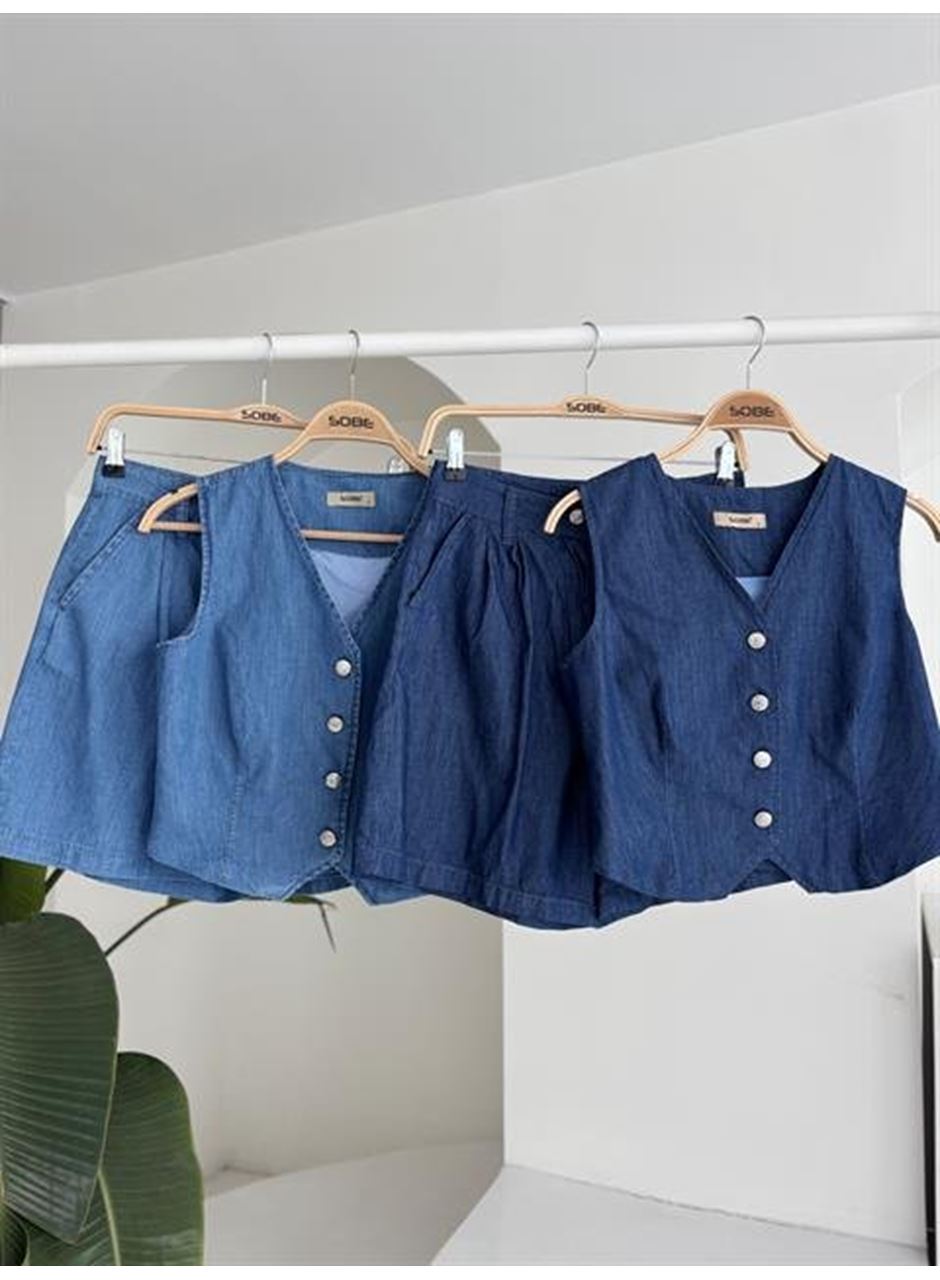 Gümüş Düğmeli Yelek Ve Şort Tensel Takım 10174