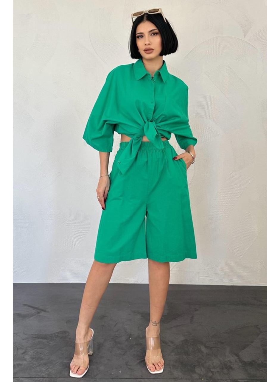 Yeşil Kısa Kollu Keten Gömlek Ve Şort Takım