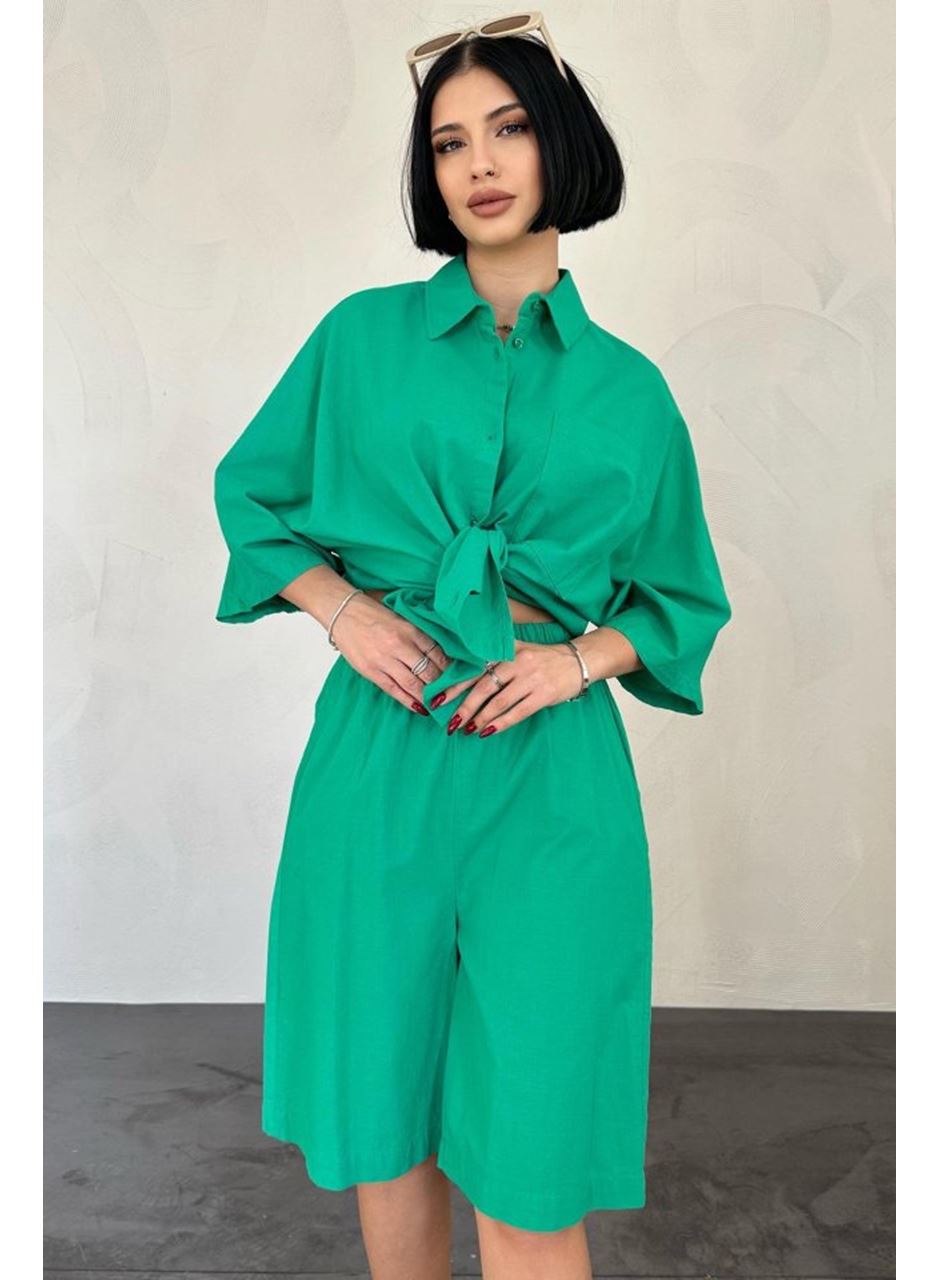 Yeşil Kısa Kollu Keten Gömlek Ve Şort Takım